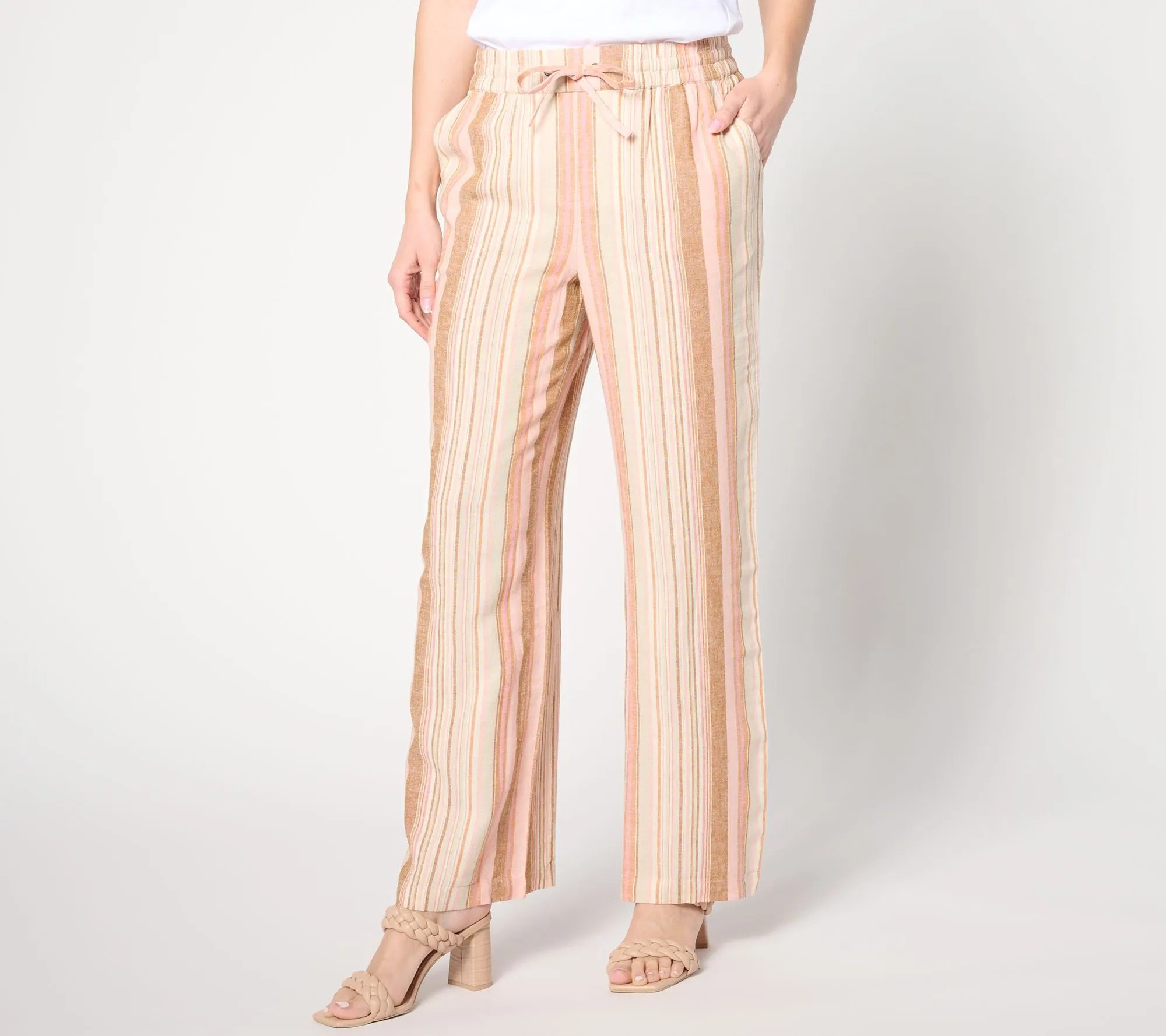 "As Is" Denim & Co. Naturals Petite Striped Linen Blend Wide Leg Pants