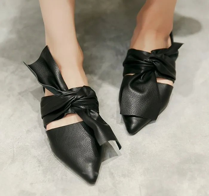 Black Big Bow Point Head Loafers Flats Shoes