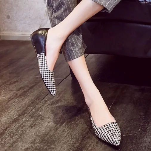 Black Houndstooth Point Head Loafers Flats Shoes