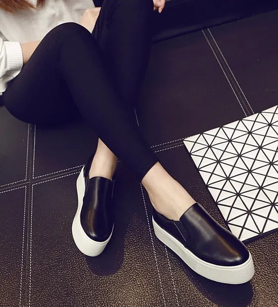 Black Leather Casual Sneakers Loafers Flats Shoes