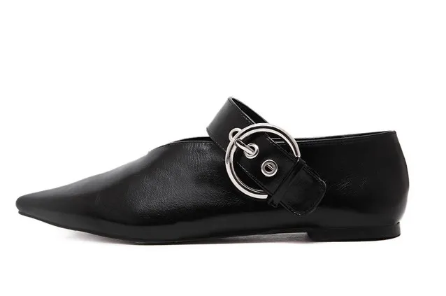 Black Metal Buckle Point Head Loafers Flats Shoes