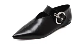 Black Metal Buckle Point Head Loafers Flats Shoes