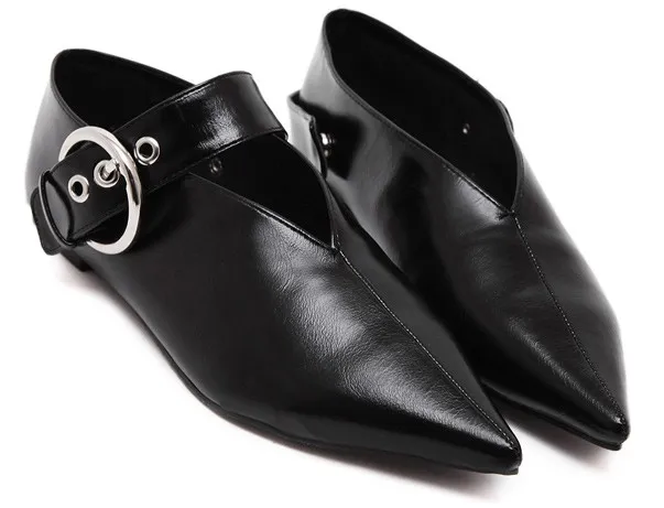 Black Metal Buckle Point Head Loafers Flats Shoes