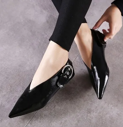 Black Metal Buckle Point Head Loafers Flats Shoes