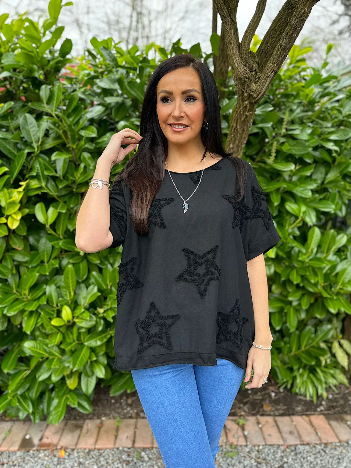 Black Soft Star Round Neck Top Mia