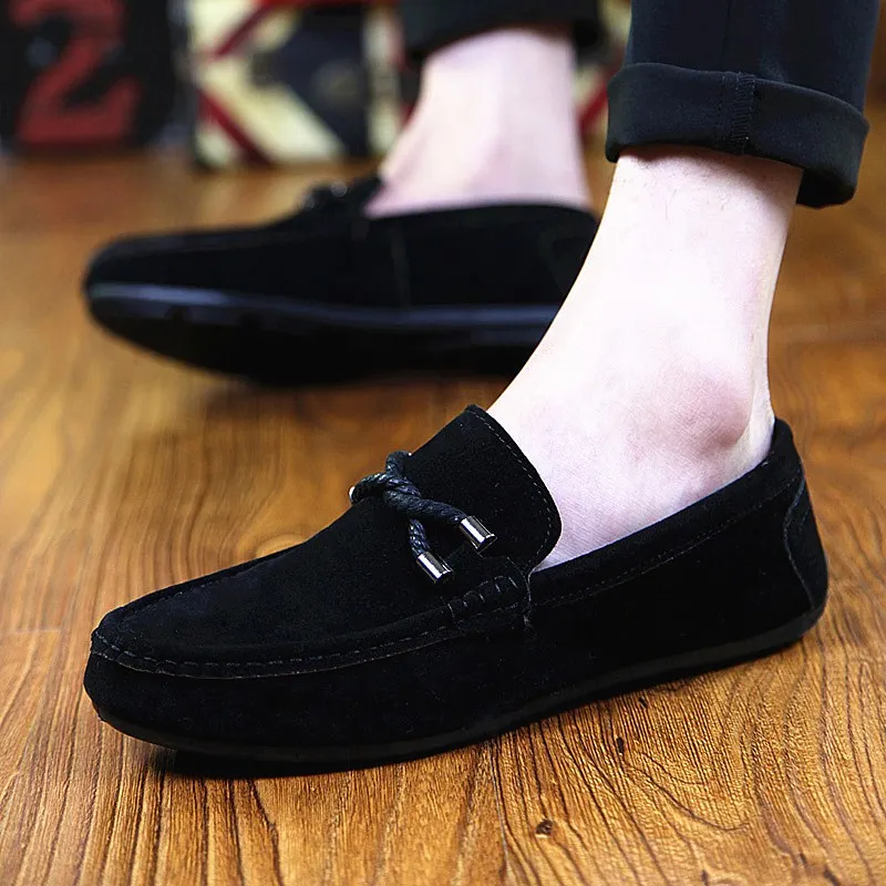 Black Suede Braided Knit Mens Casual Loafers Flats Shoes