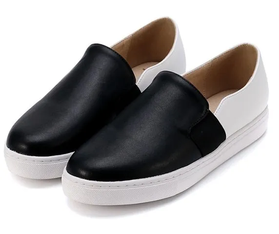 Black White Leather Casual Sneakers Loafers Flats Shoes