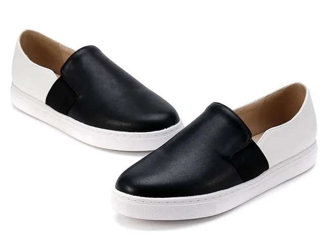 Black White Leather Casual Sneakers Loafers Flats Shoes