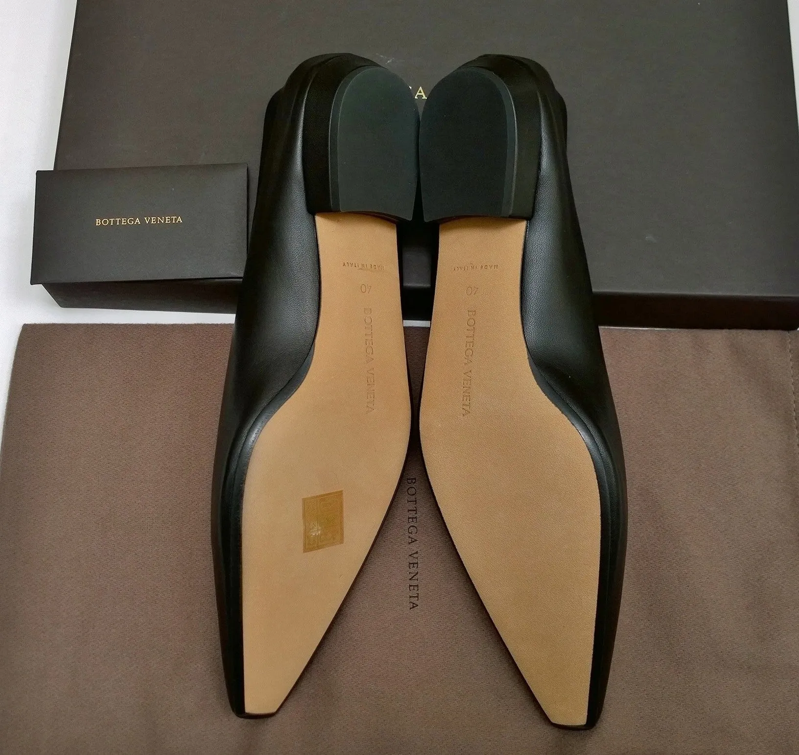 Bottega Veneta Almond Black Leather Flats Shoes