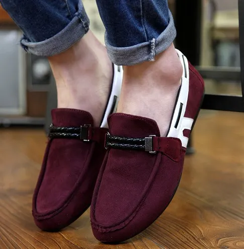 Burgundy White Suede Mens Casual Loafers Flats Shoes