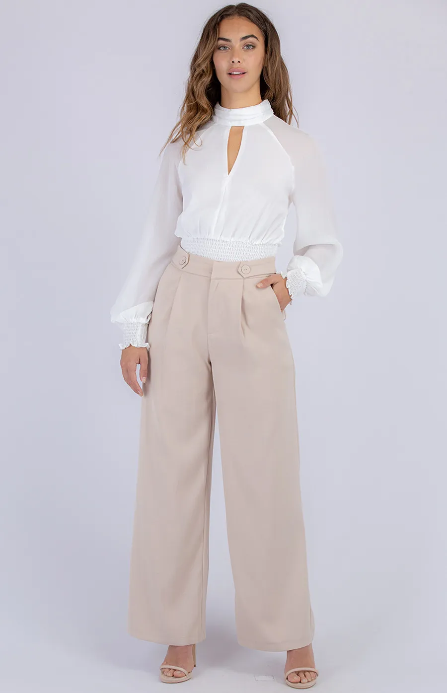 Button Detail Wide Leg Pants (APA837A)