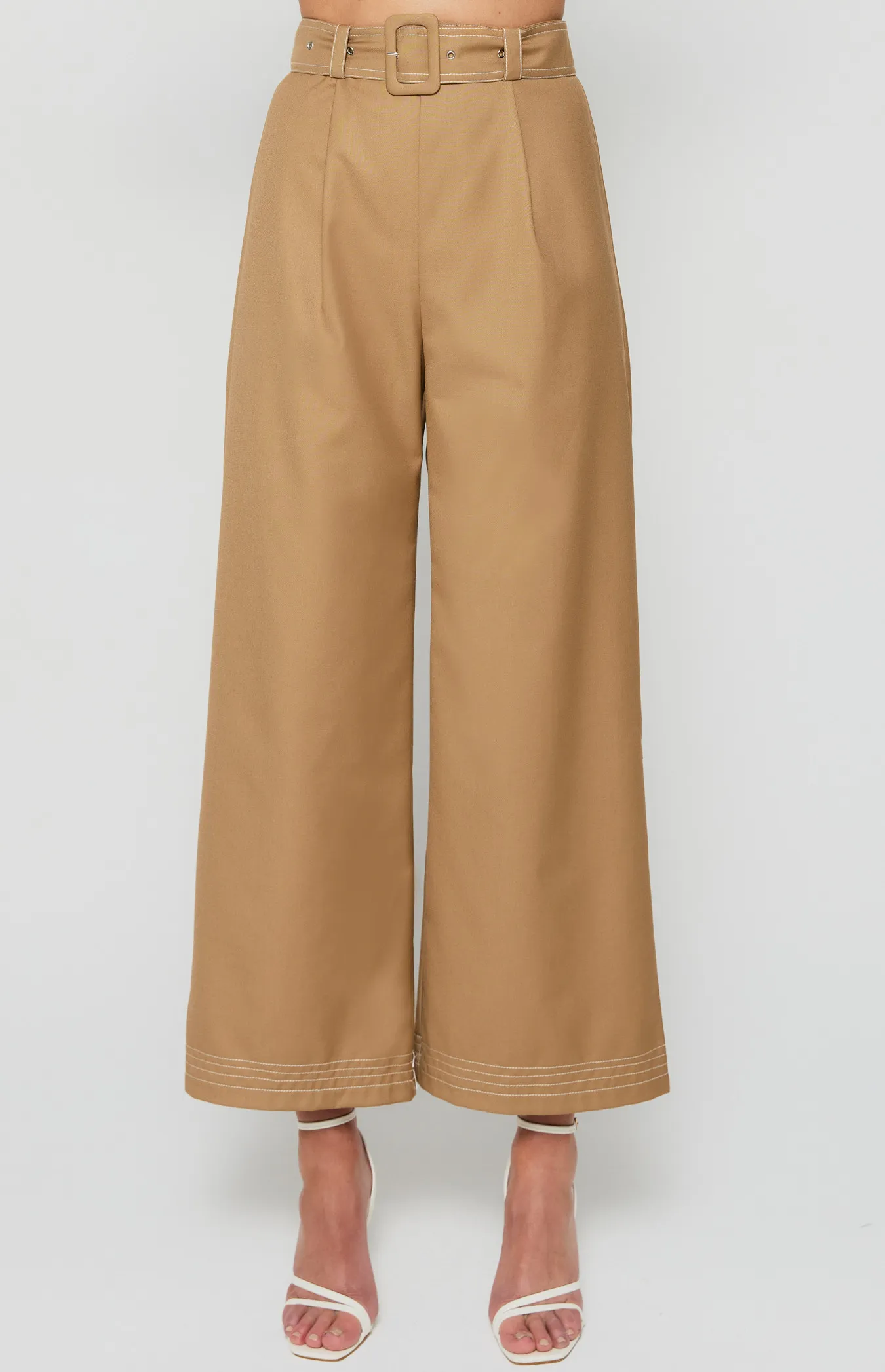 Contrast Stitching Wide Leg Pants with Belt Buckle (WPA256A)