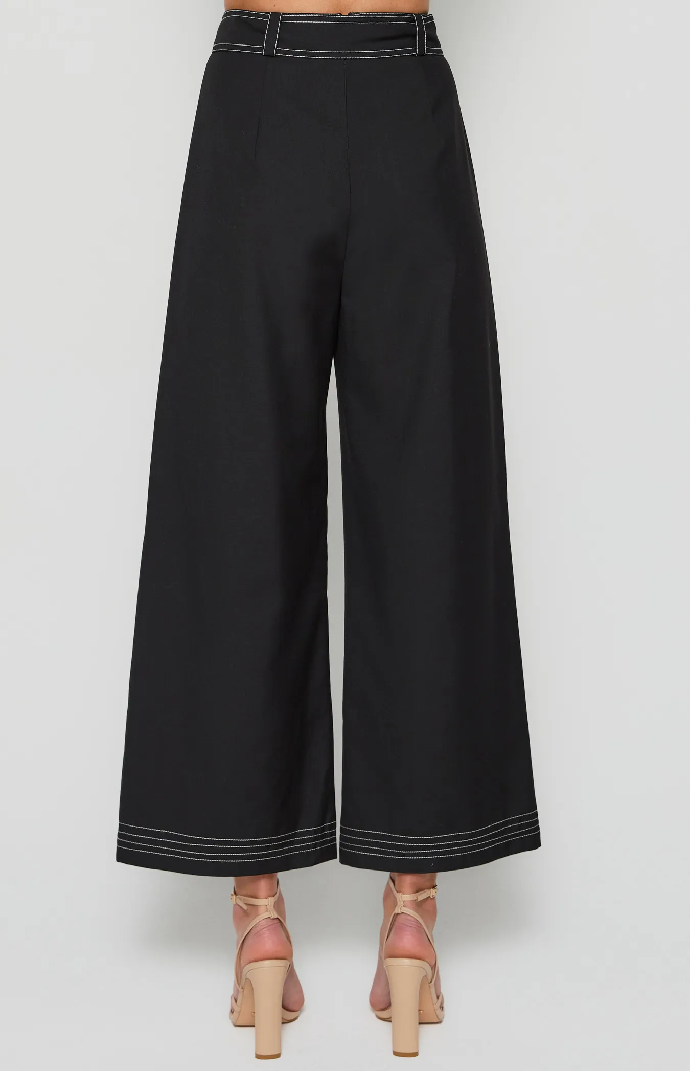 Contrast Stitching Wide Leg Pants with Belt Buckle (WPA256A)