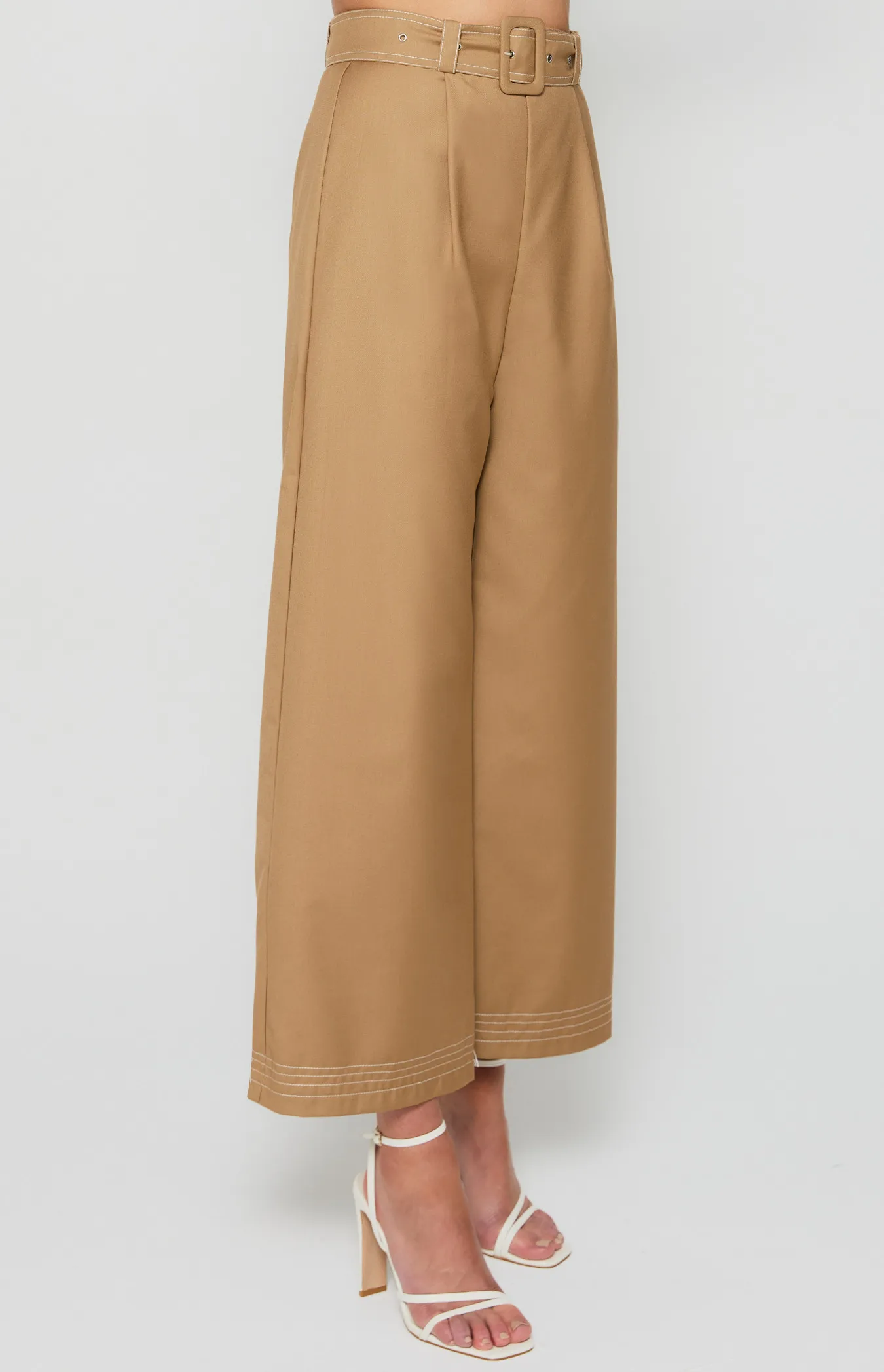 Contrast Stitching Wide Leg Pants with Belt Buckle (WPA256A)