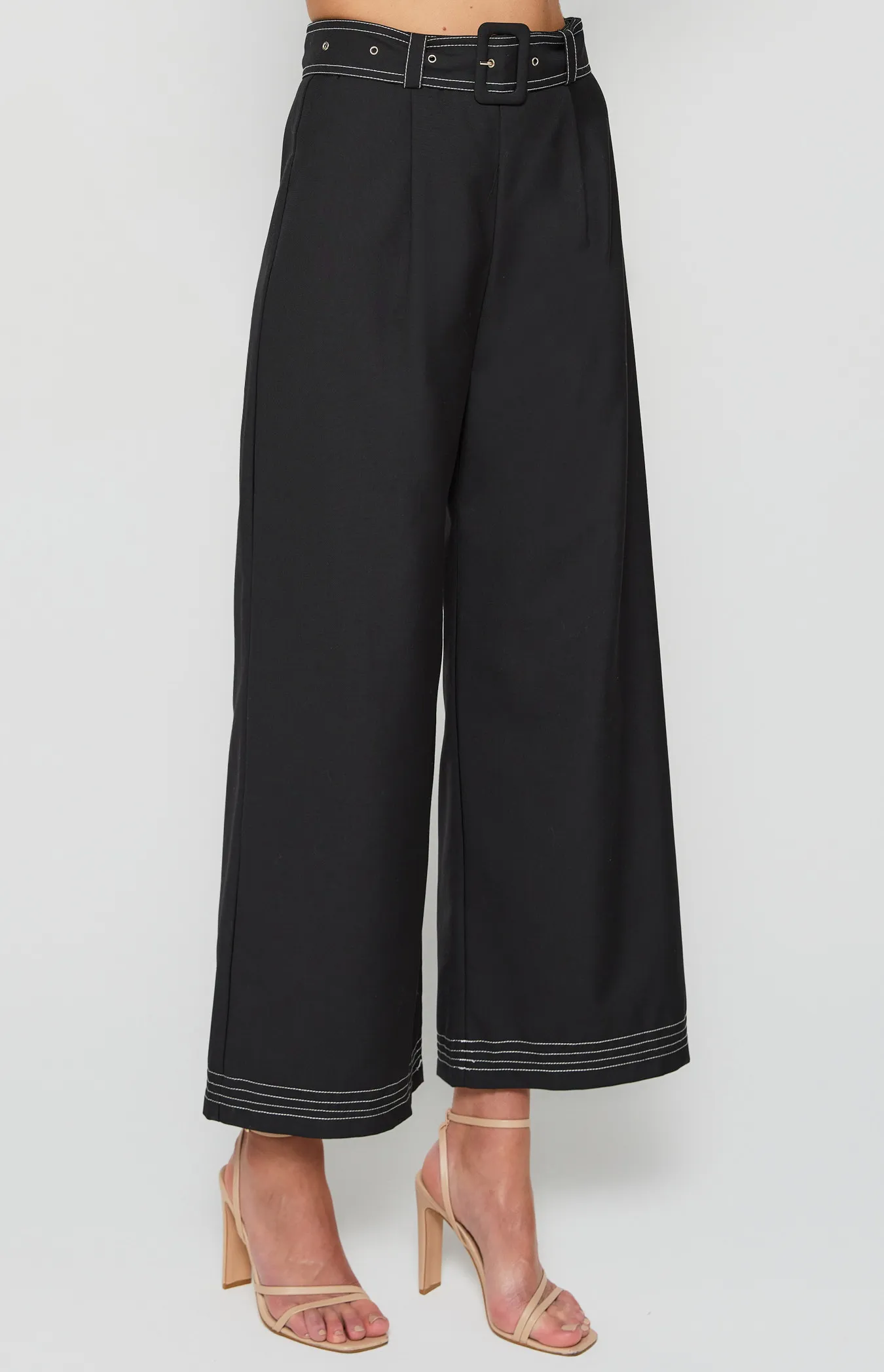 Contrast Stitching Wide Leg Pants with Belt Buckle (WPA256A)