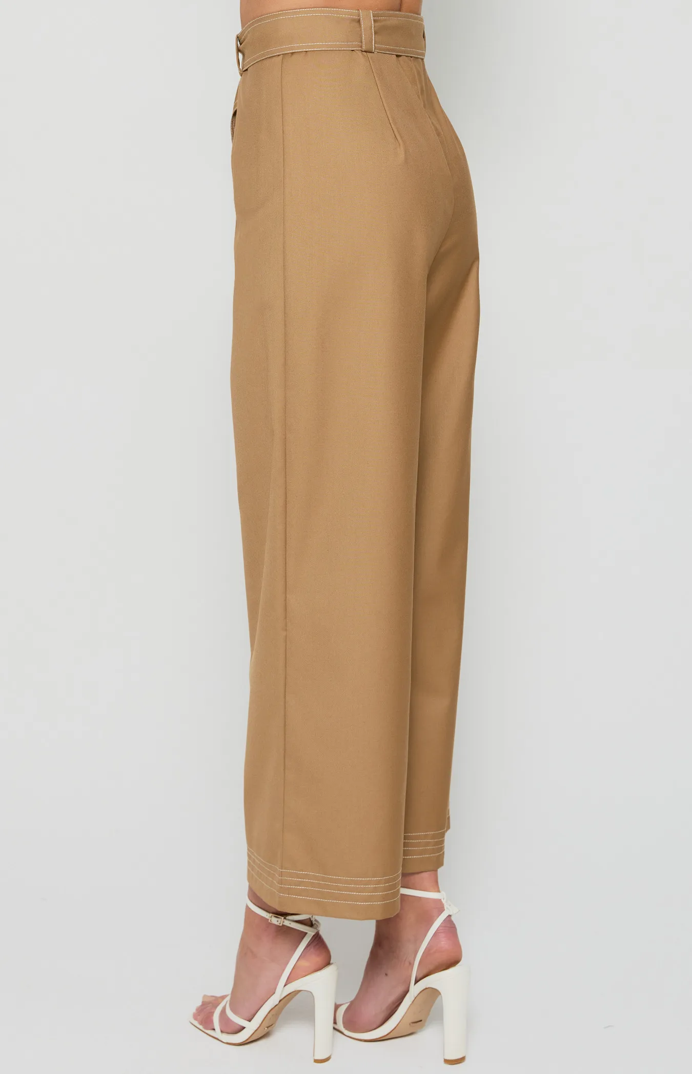 Contrast Stitching Wide Leg Pants with Belt Buckle (WPA256A)