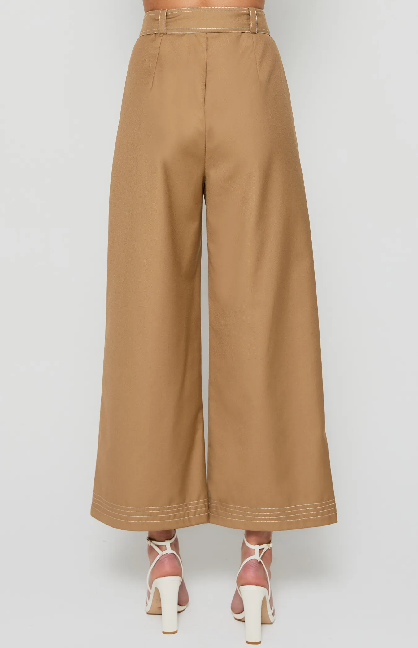 Contrast Stitching Wide Leg Pants with Belt Buckle (WPA256A)