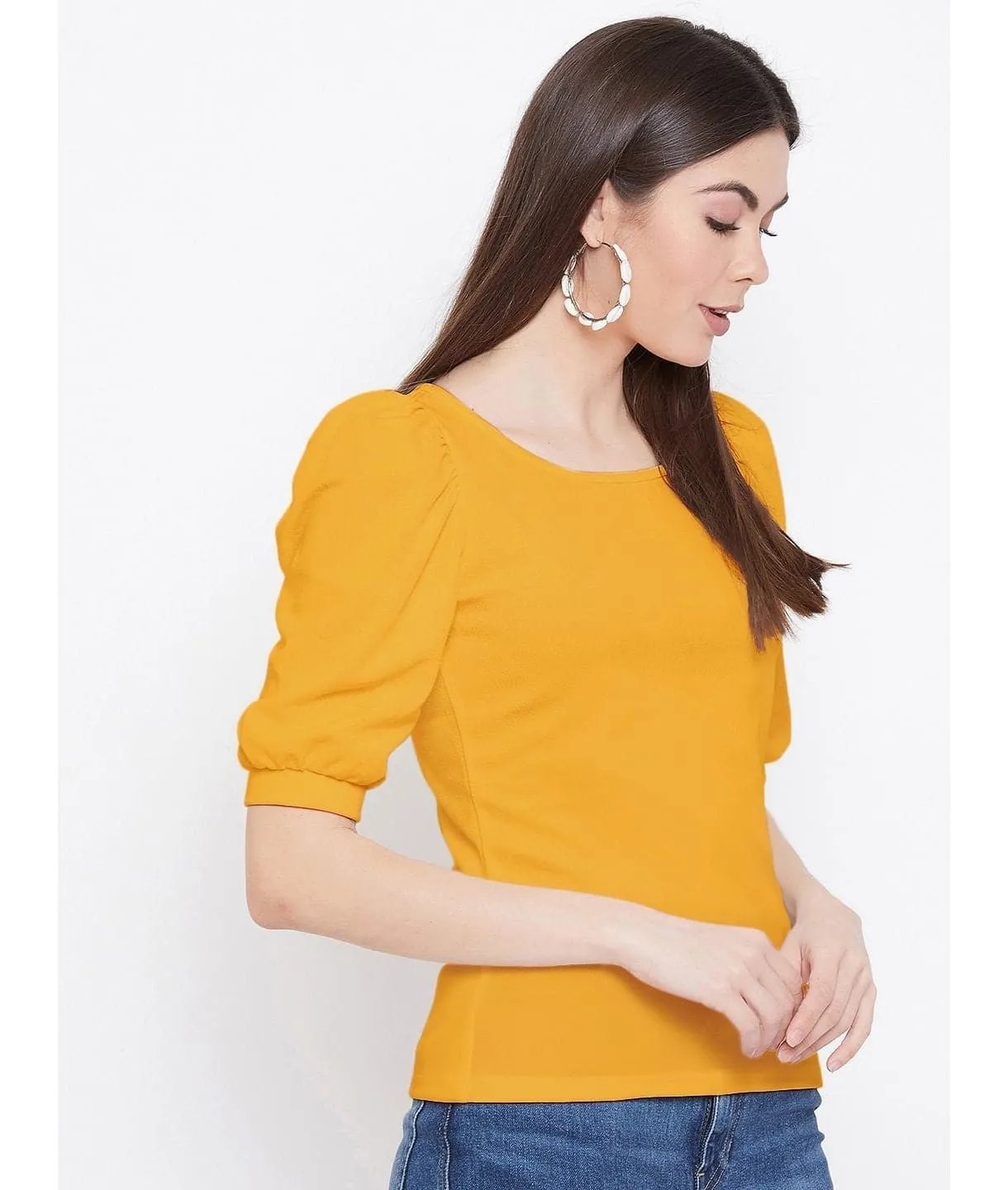 Cotton Stretchable Round Neck Puff Sleeve Top