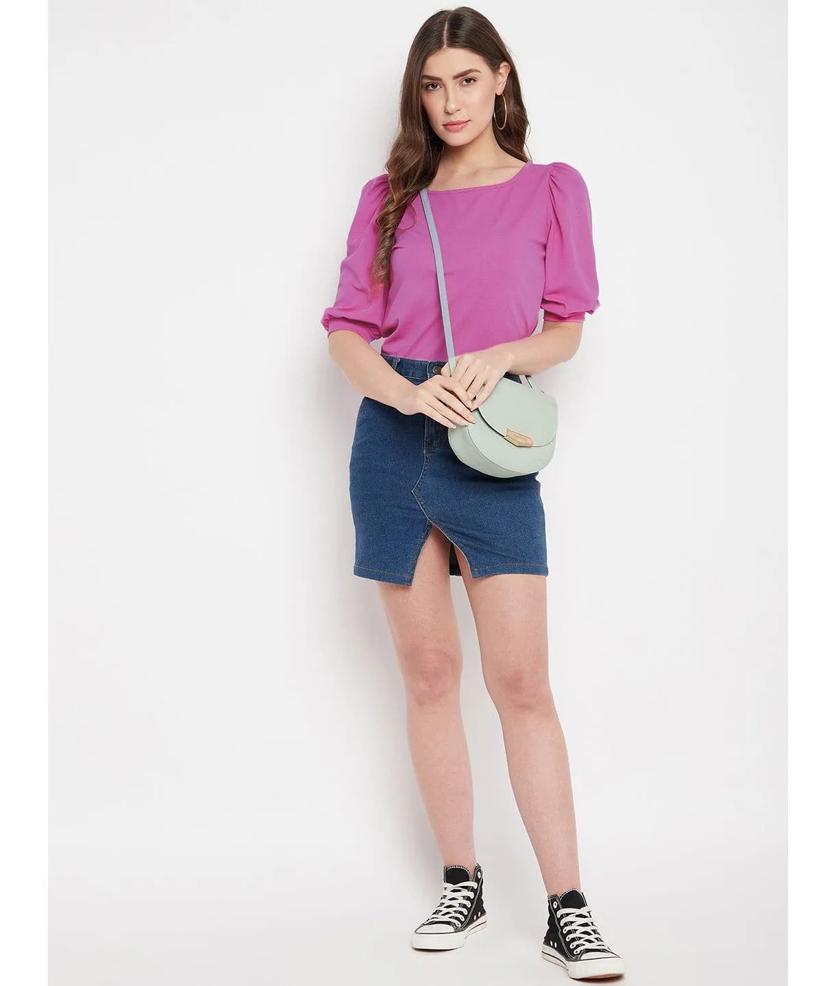 Cotton Stretchable Round Neck Puff Sleeve Top