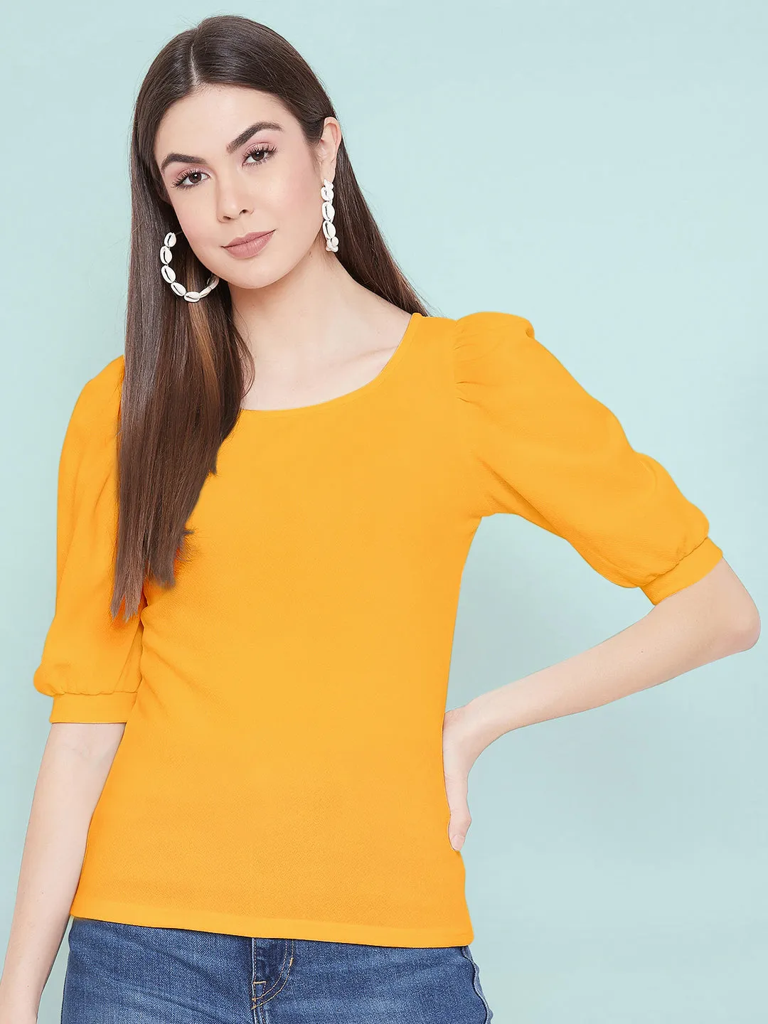 Cotton Stretchable Round Neck Puff Sleeve Top