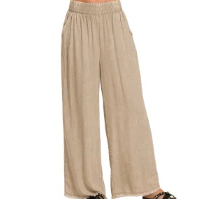 Crushing It Washed Frayed Hem Linen Pants Beige