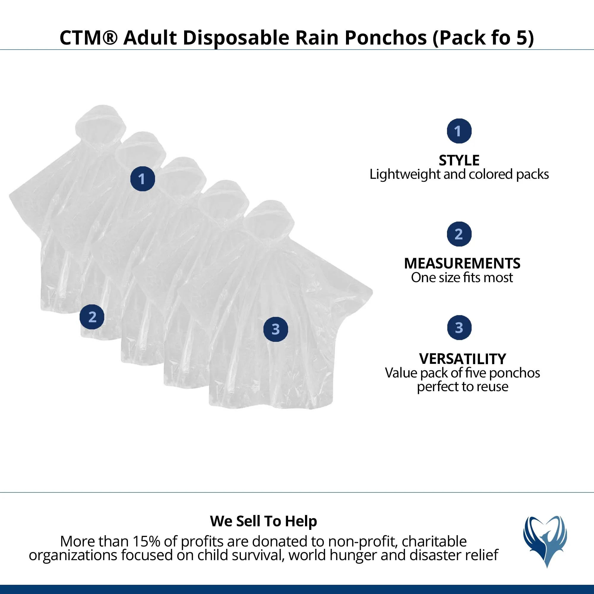 CTM Adult Disposable Rain Ponchos (Pack fo 5)