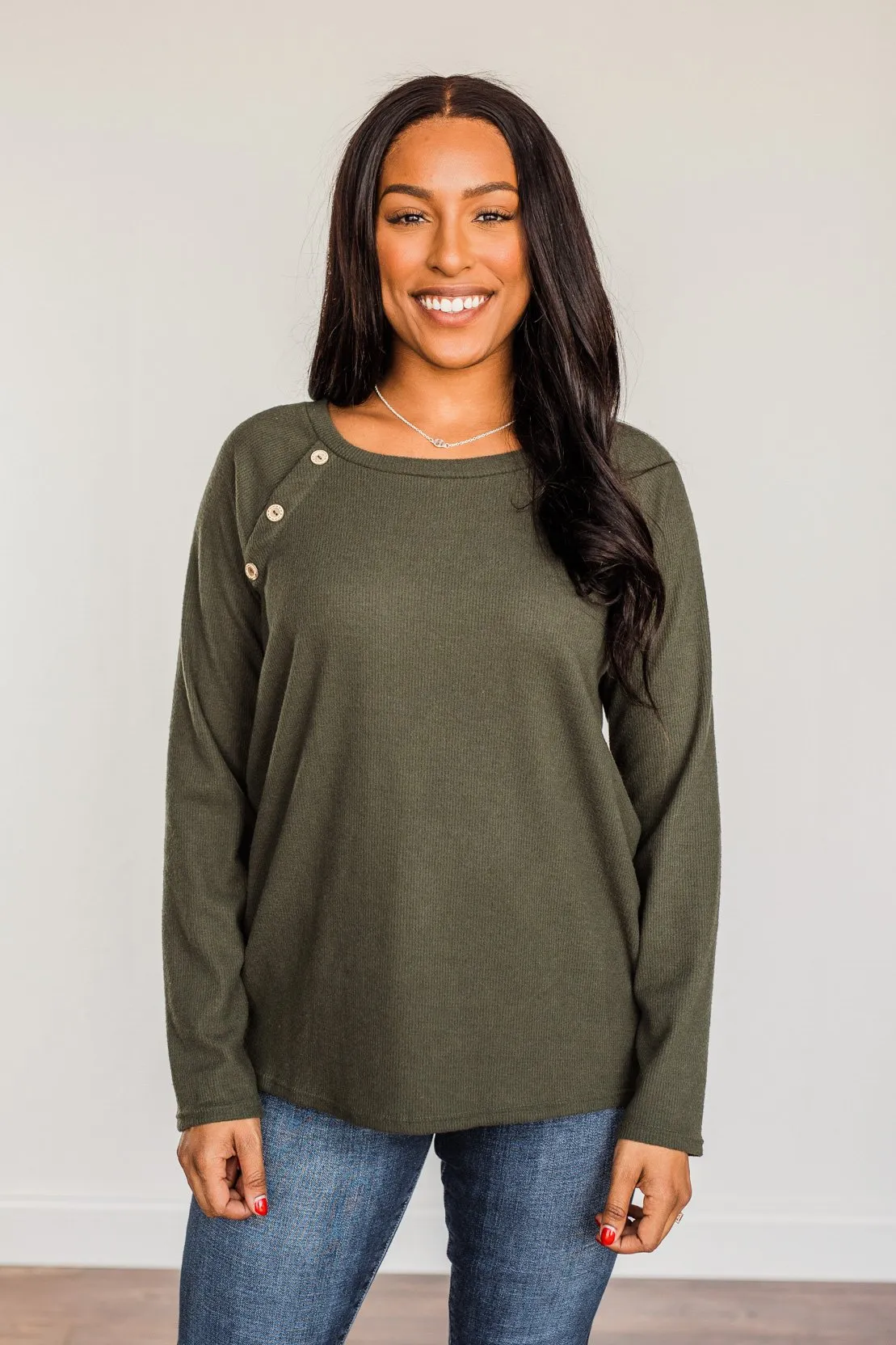 Done Hesitating Button Long Sleeve Top- Dark Olive