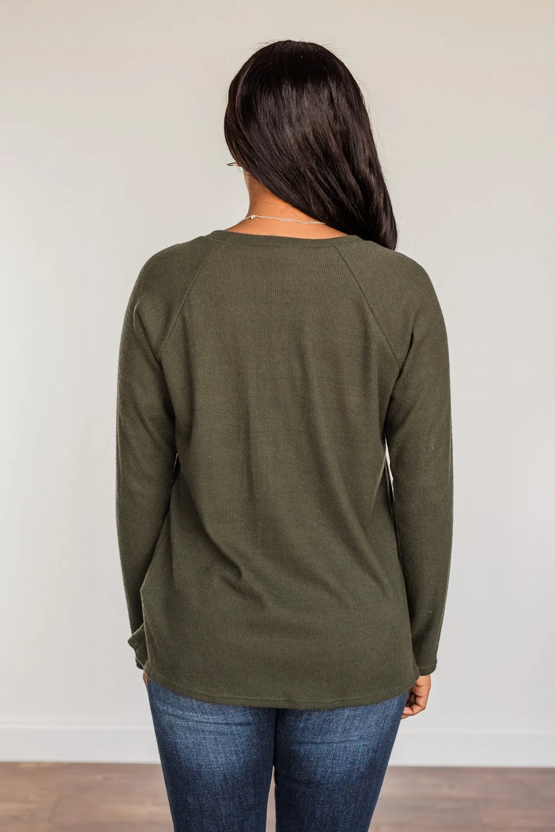 Done Hesitating Button Long Sleeve Top- Dark Olive