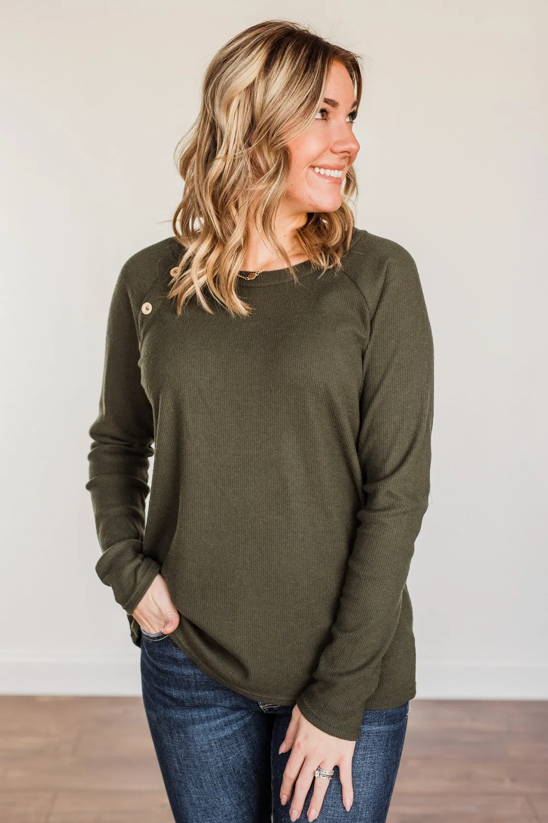 Done Hesitating Button Long Sleeve Top- Dark Olive