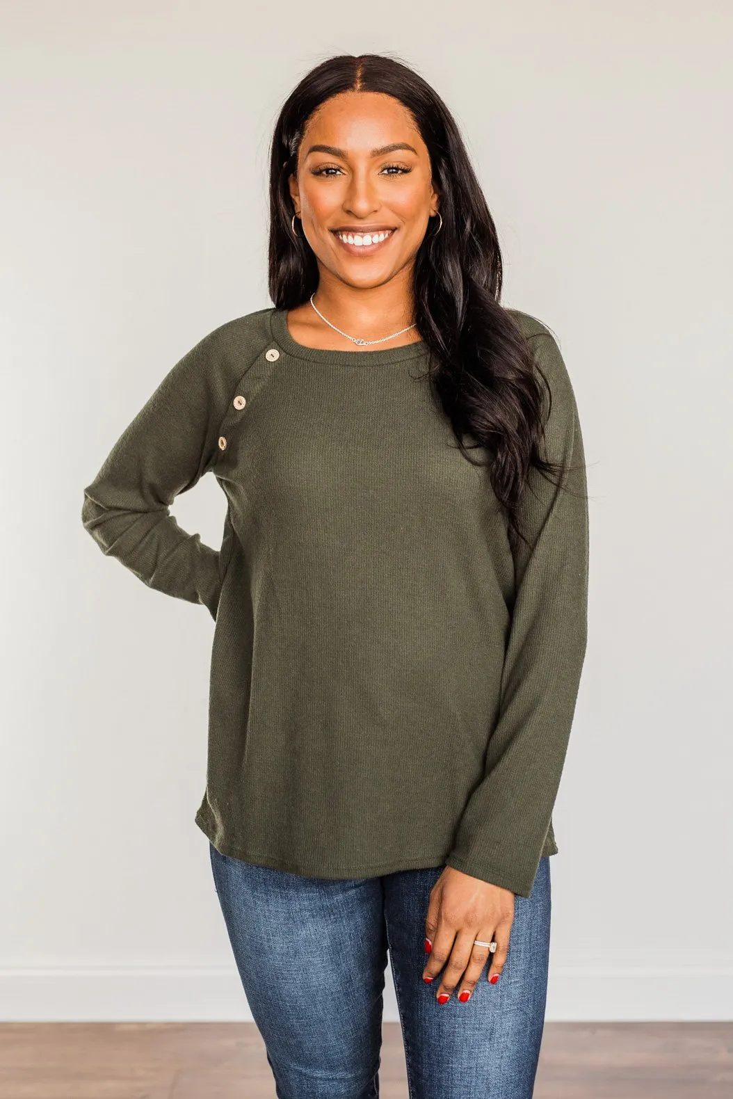 Done Hesitating Button Long Sleeve Top- Dark Olive