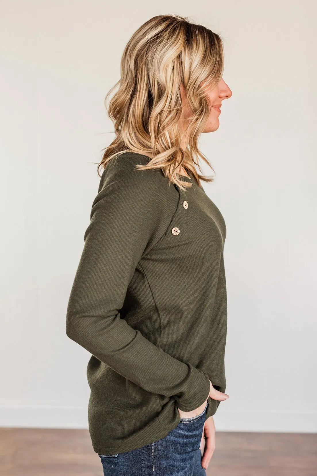 Done Hesitating Button Long Sleeve Top- Dark Olive