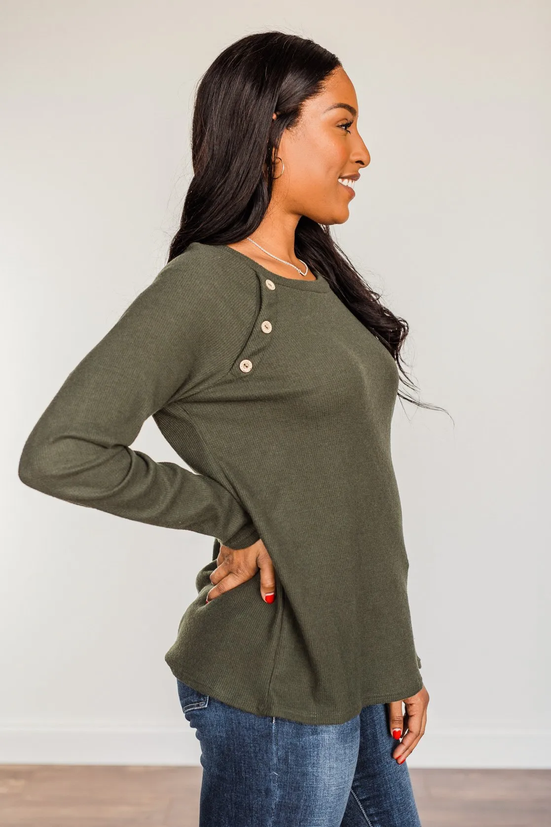 Done Hesitating Button Long Sleeve Top- Dark Olive