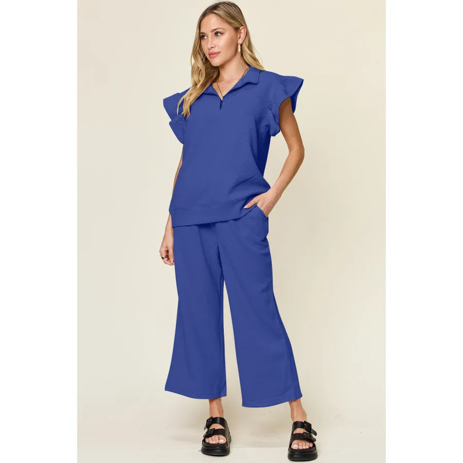 Double Take Texture Ruffle Short Sleeve Top and Drawstring Wide Leg Pants Set