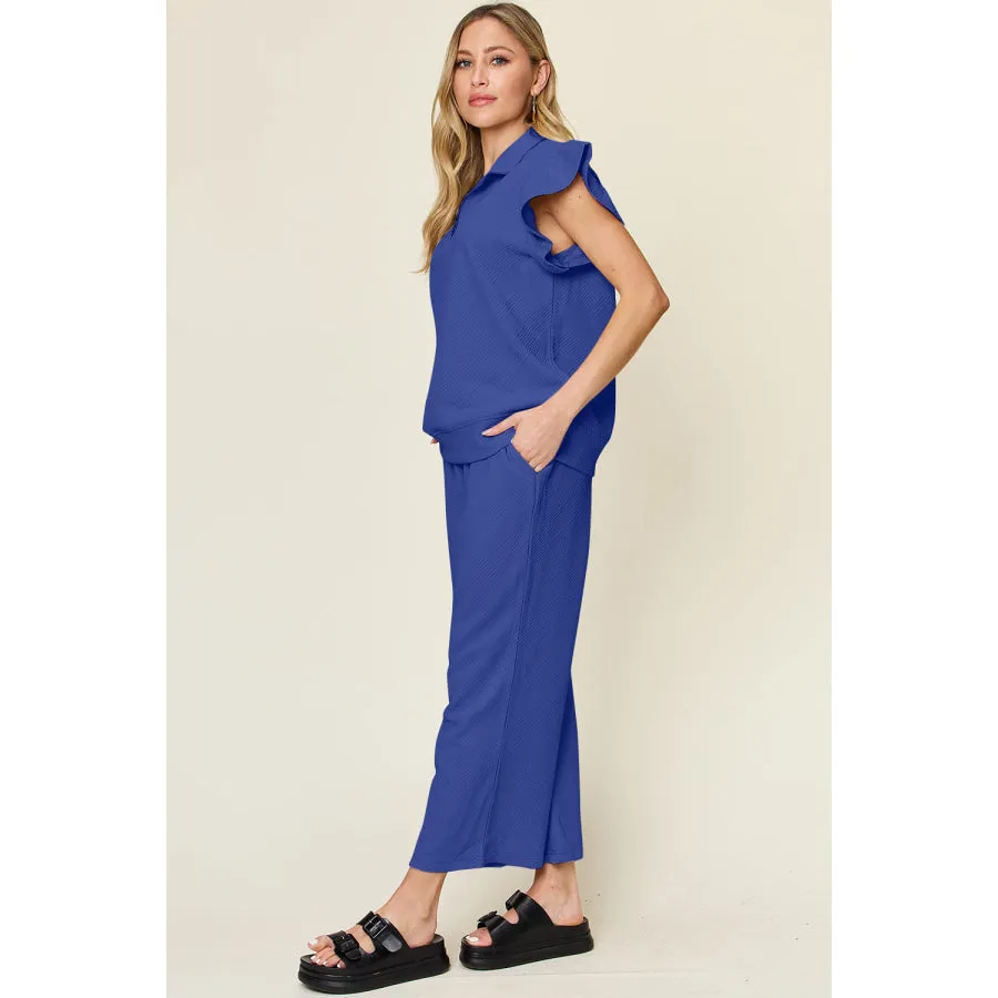 Double Take Texture Ruffle Short Sleeve Top and Drawstring Wide Leg Pants Set