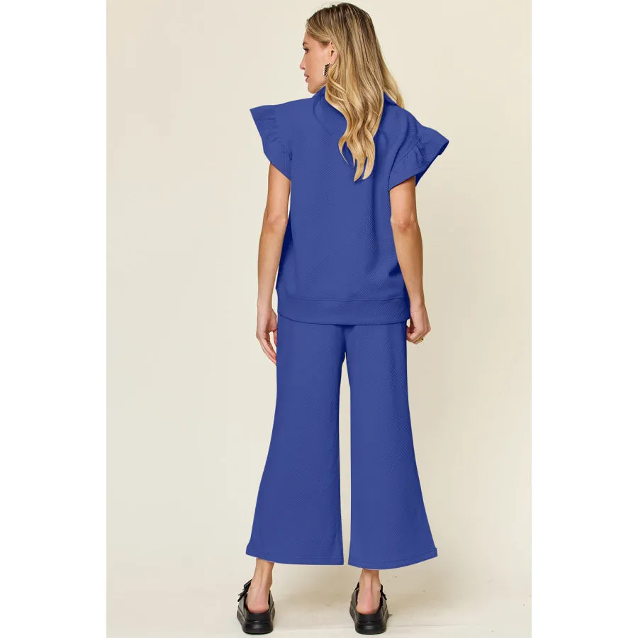 Double Take Texture Ruffle Short Sleeve Top and Drawstring Wide Leg Pants Set