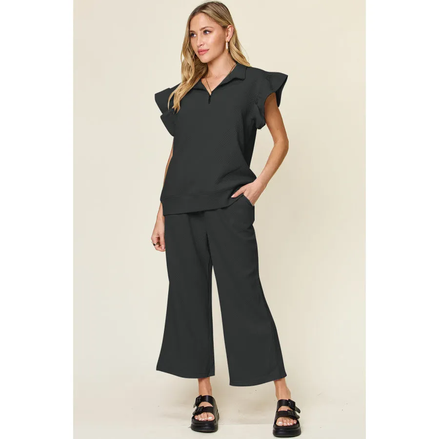 Double Take Texture Ruffle Short Sleeve Top and Drawstring Wide Leg Pants Set