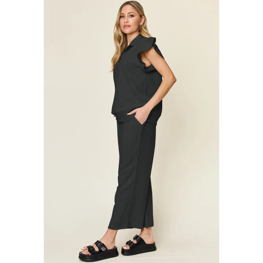 Double Take Texture Ruffle Short Sleeve Top and Drawstring Wide Leg Pants Set