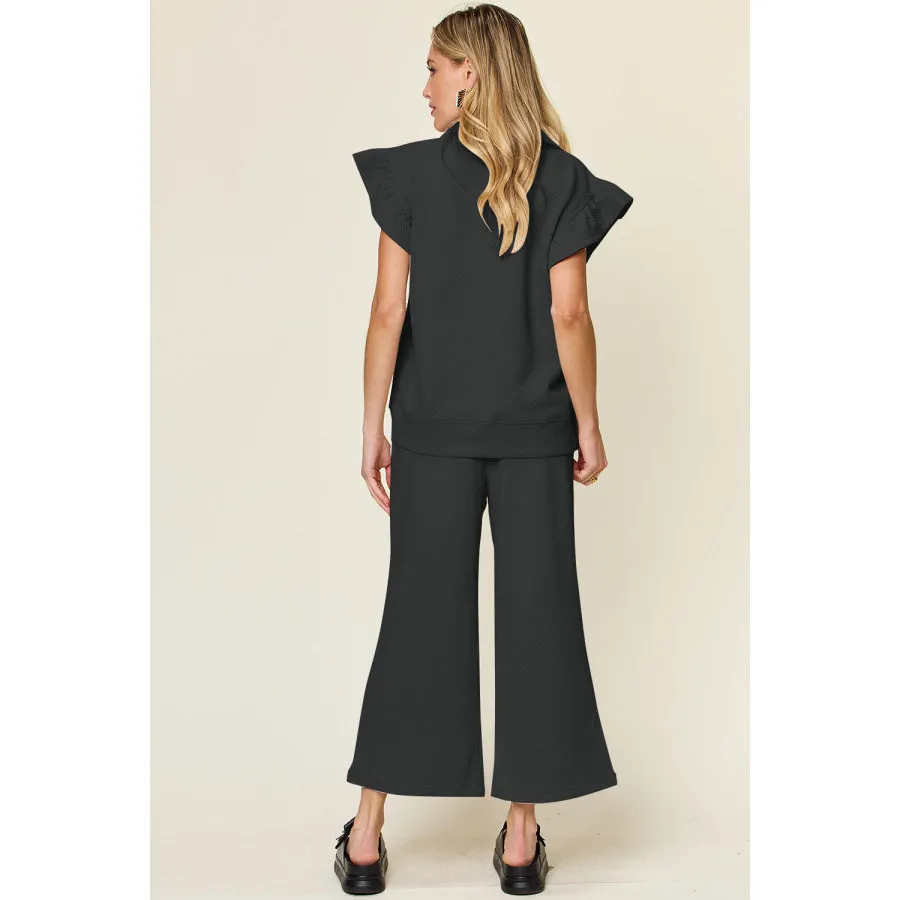 Double Take Texture Ruffle Short Sleeve Top and Drawstring Wide Leg Pants Set