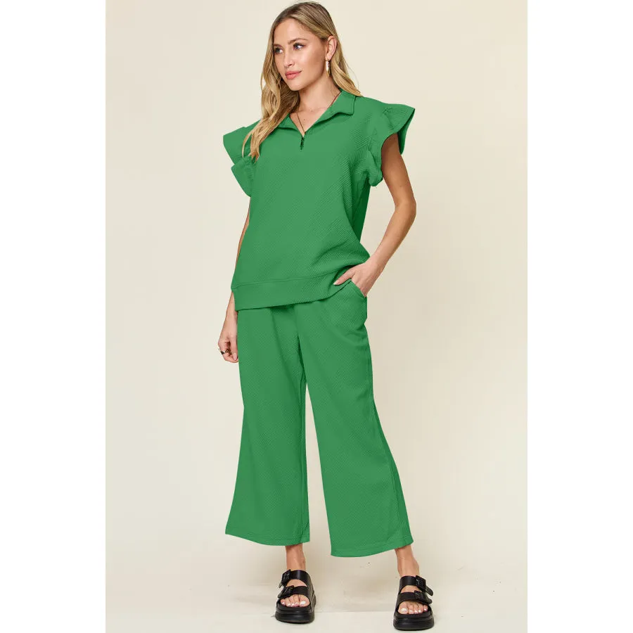 Double Take Texture Ruffle Short Sleeve Top and Drawstring Wide Leg Pants Set