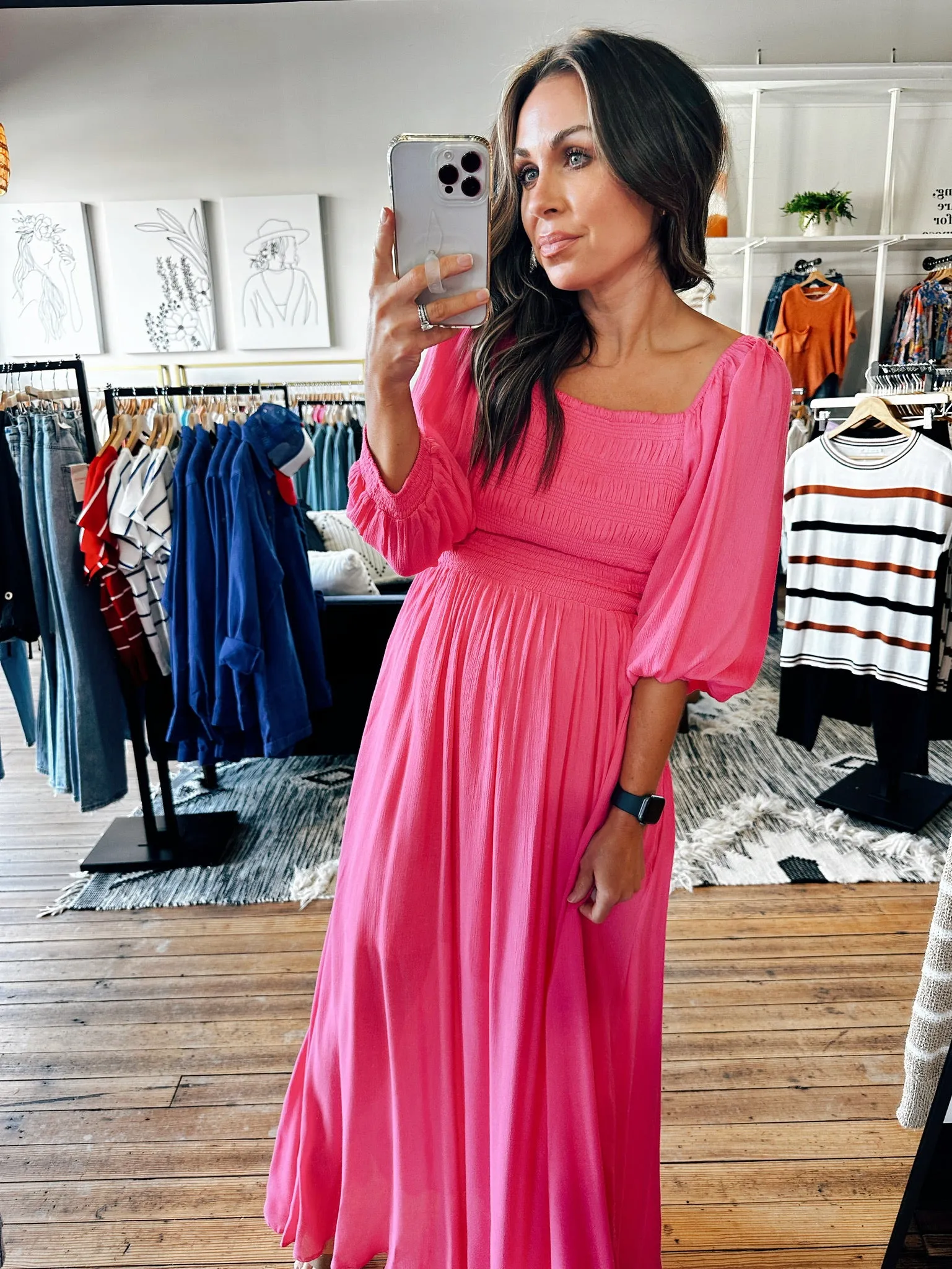 Fuchsia Puff Sleeve Maxi Dress