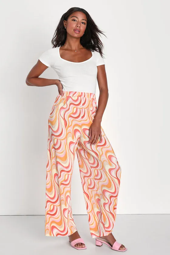 Gettin' Groovy Orange Multi Print Plisse Wide-Leg Pants