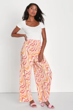 Gettin' Groovy Orange Multi Print Plisse Wide-Leg Pants