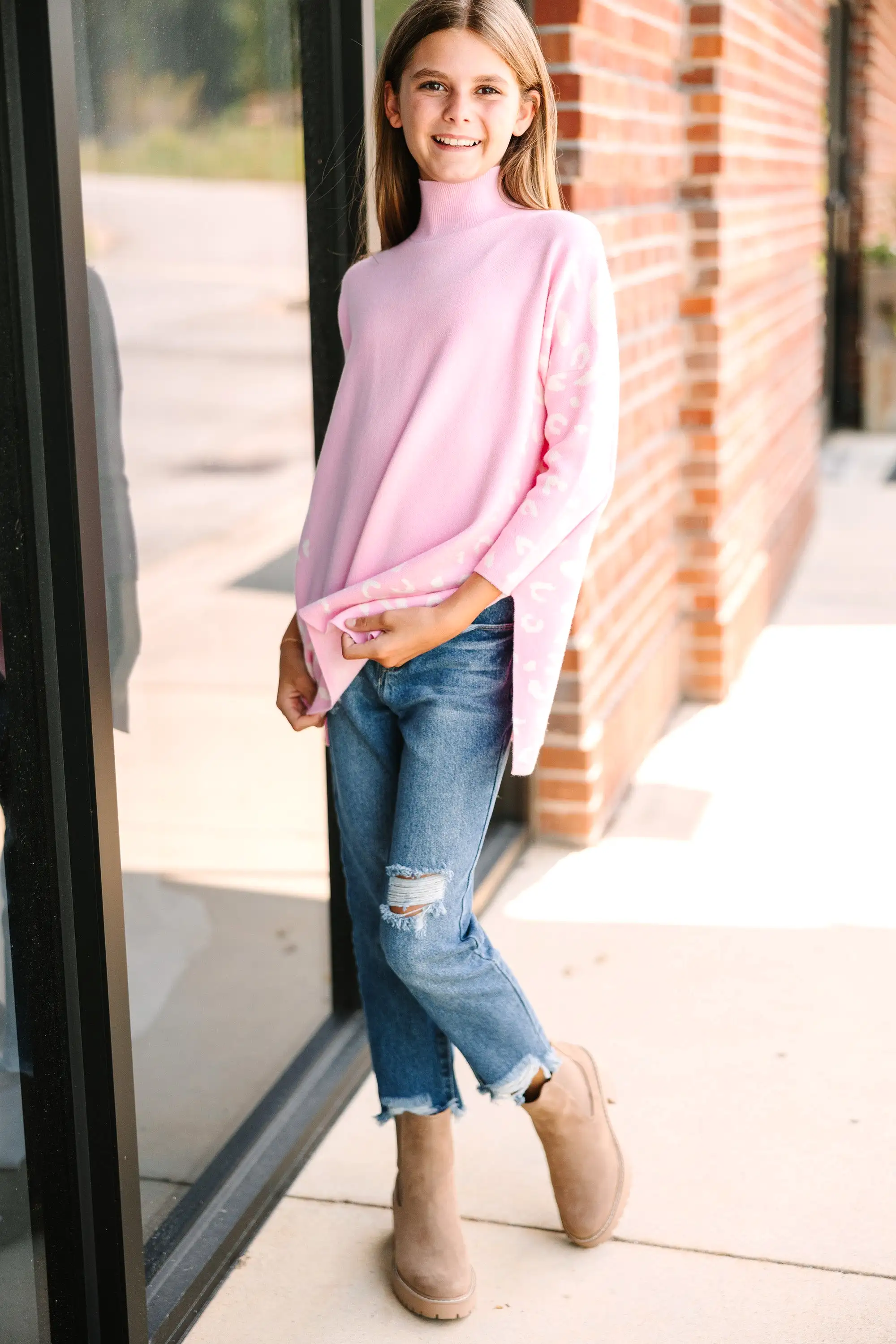 Girls: All In Theory Light Pink Leopard 3/4 Sleeve Sweater Tunic