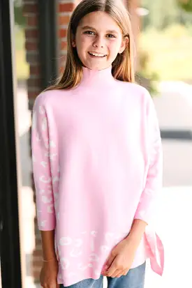 Girls: All In Theory Light Pink Leopard 3/4 Sleeve Sweater Tunic