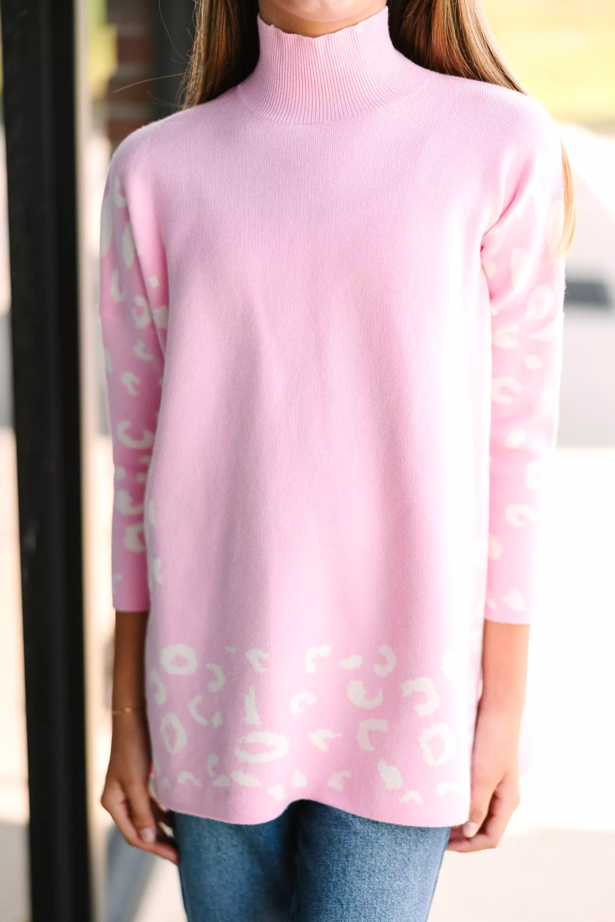 Girls: All In Theory Light Pink Leopard 3/4 Sleeve Sweater Tunic