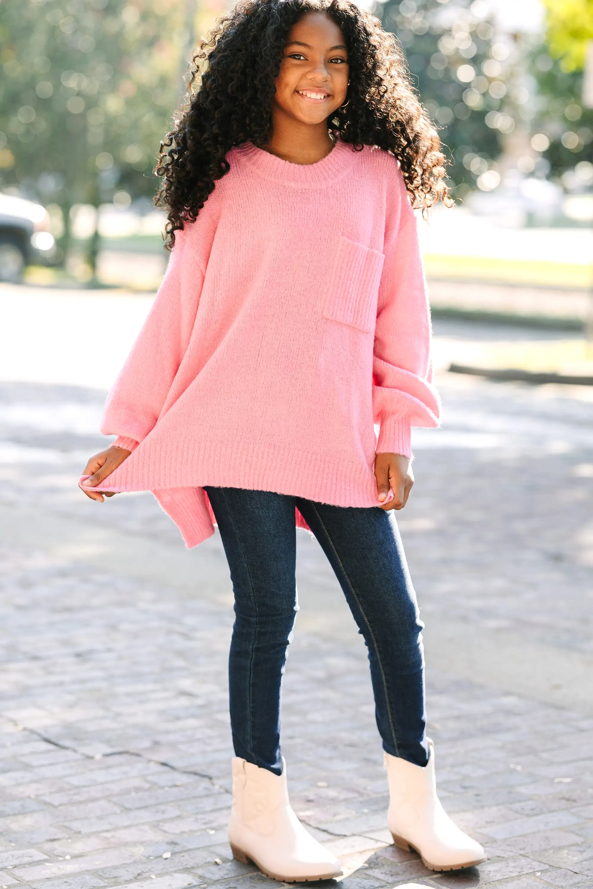 Girls: As It Happens Candy Pink Bubble Sleeve Sweater