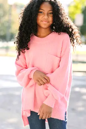 Girls: As It Happens Candy Pink Bubble Sleeve Sweater