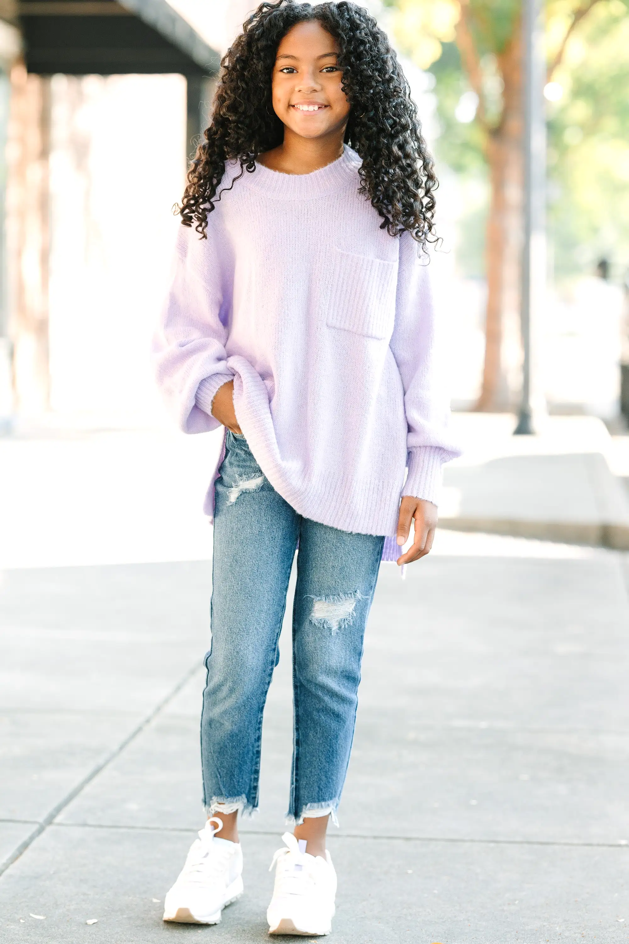 Girls: As It Happens Lavender Purple Bubble Sleeve Sweater