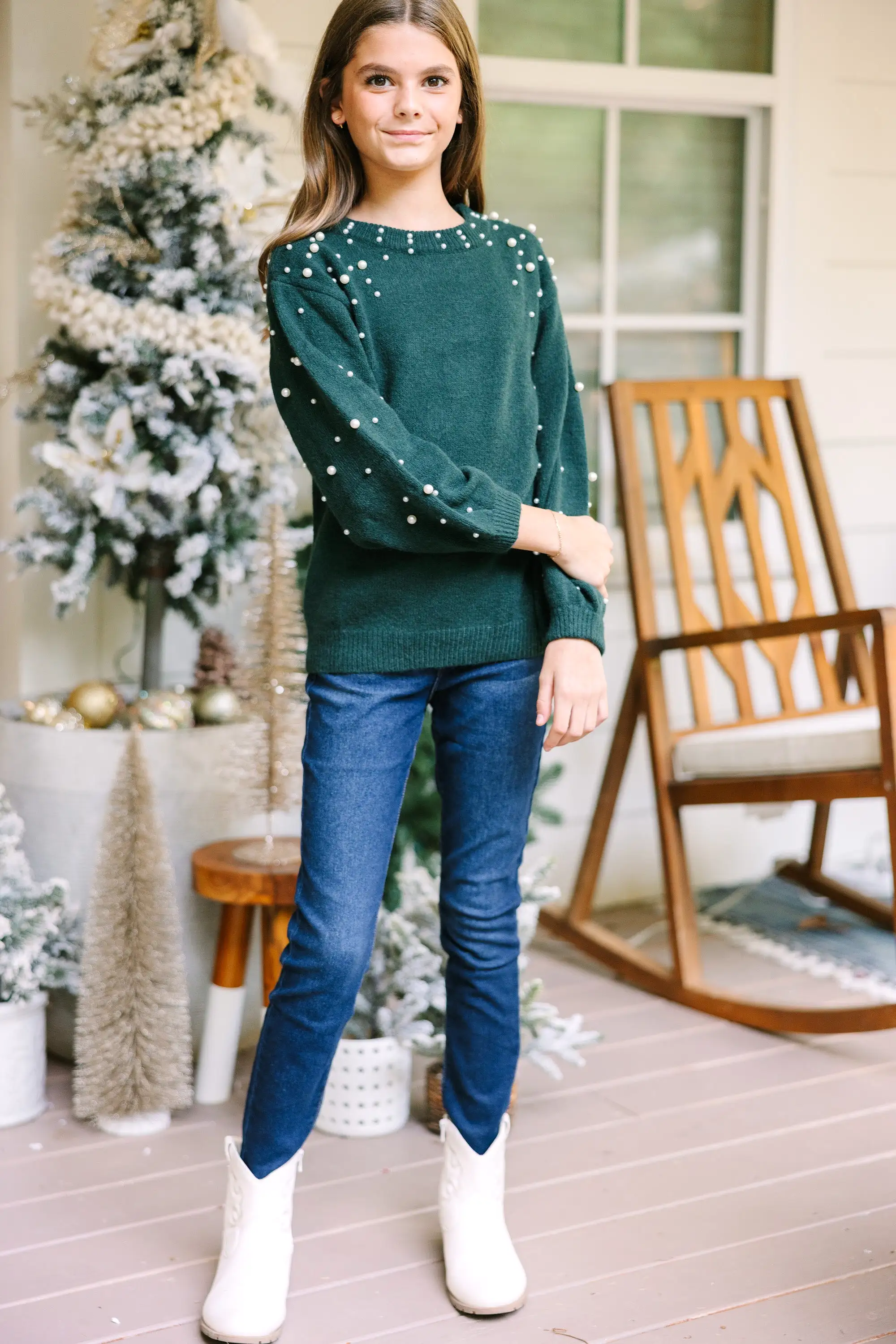 Girls: Can't Help But Love Emerald Green Pearl Studded Sweater