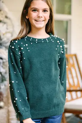 Girls: Can't Help But Love Emerald Green Pearl Studded Sweater